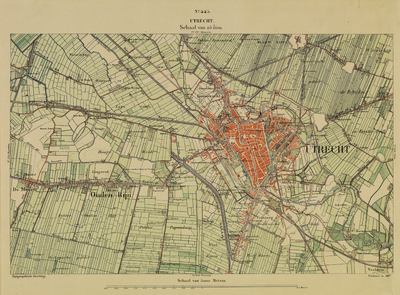 214045 Topografische kaart van de stad Utrecht met wijde omgeving; met weergave van de verkavelingen, bebouwing, wegen, ...